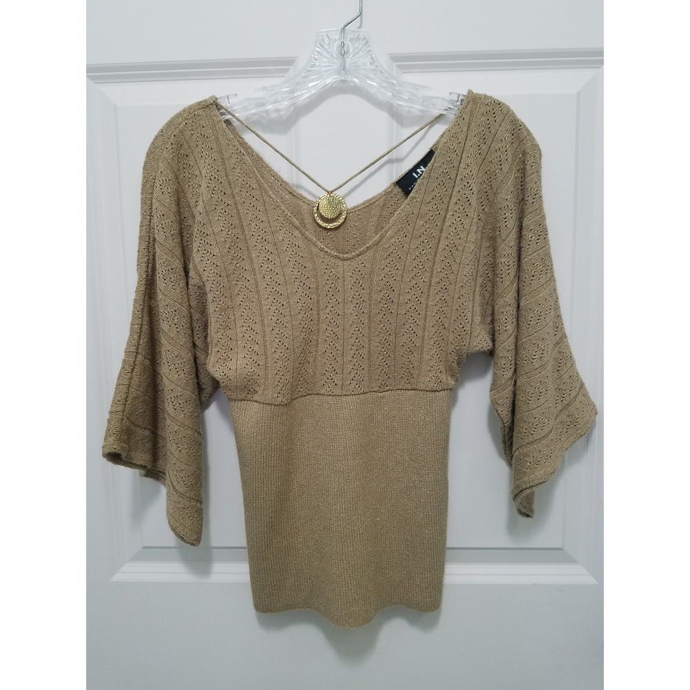 I.N. San Francisco CamelBrown Sz S Continuous Arm Bell Sleeve Smocked Bodice Top